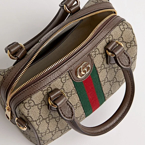 Gucci Beige and Brown Satchel with Green Stripe with Dustbag - Picture 2 of 4